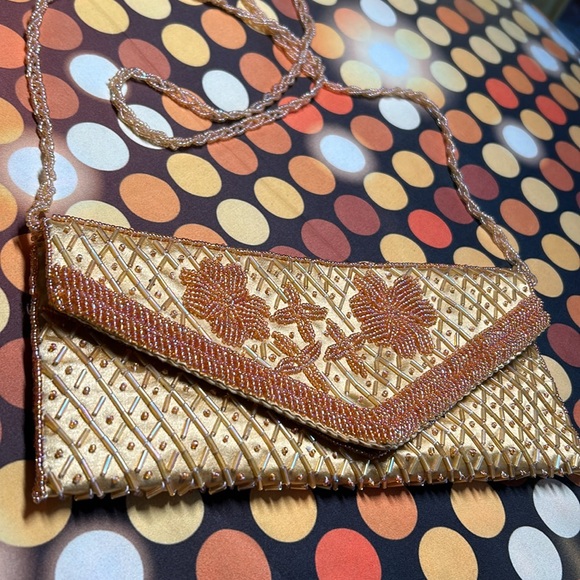 None Handbags - beaded long strap stunning gold purse
